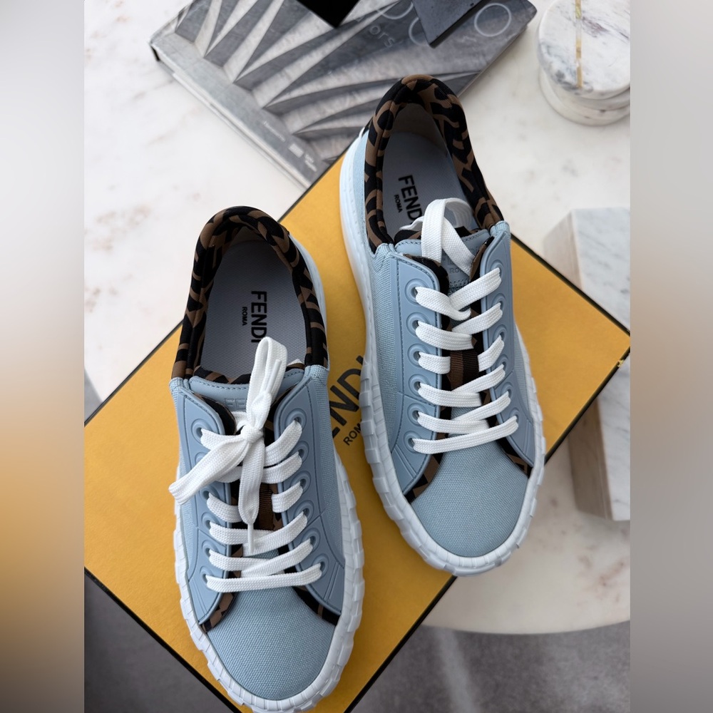 Fendi Light Blue Canvas Low-Top Sneakers with Branded Trim - Picture 3 of 5